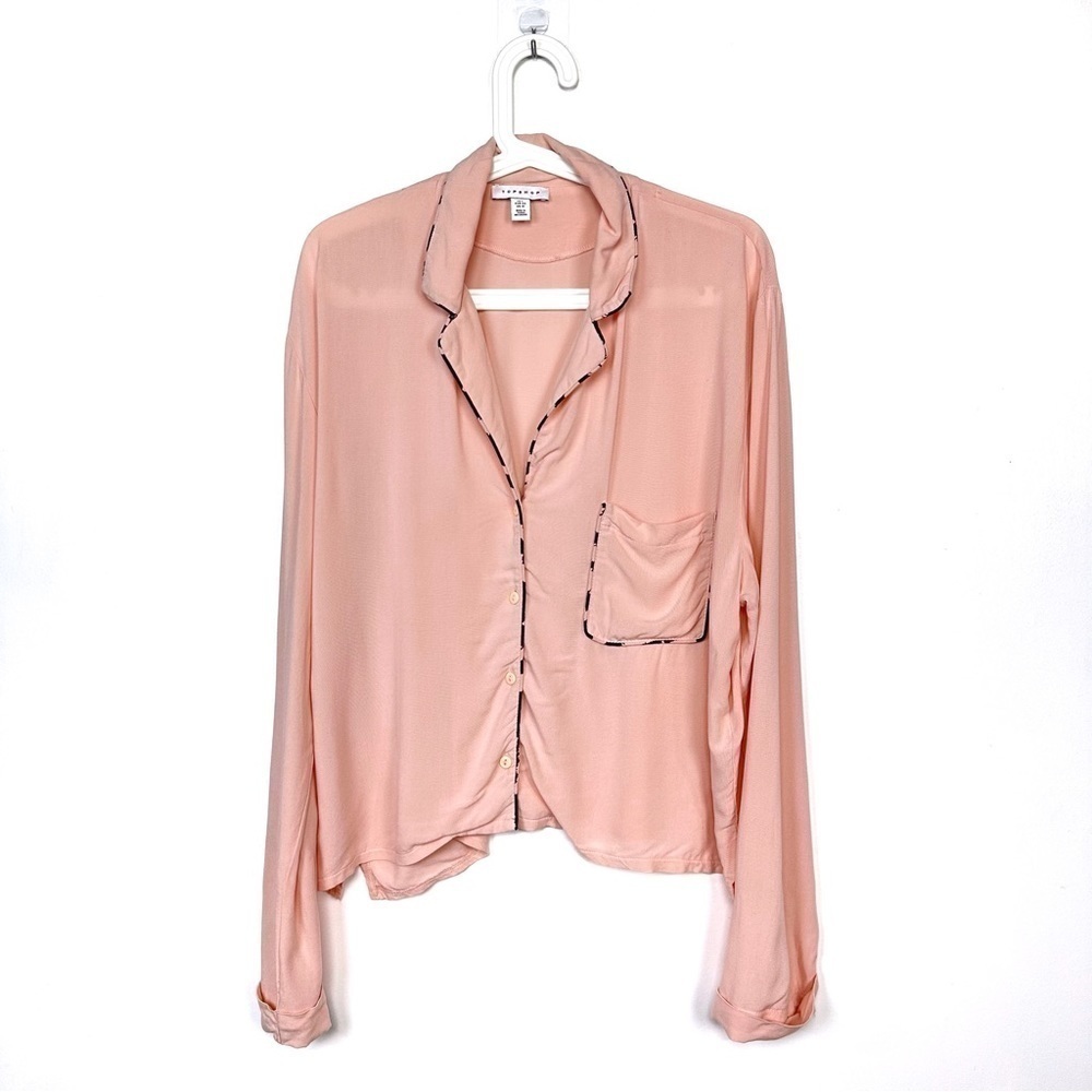 Topshop Kourtney Pajama Shirt Top Pocket Pastel Pink Animal Print Trim Size 12 - Picture 3 of 11